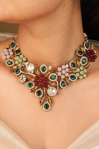 V Shaped Colourful Floral Statement Necklace with Matching Earrings