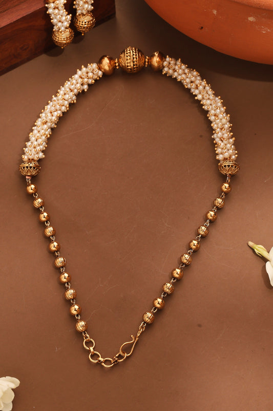 Gold Plated Pearl Necklace with Ball Pendant