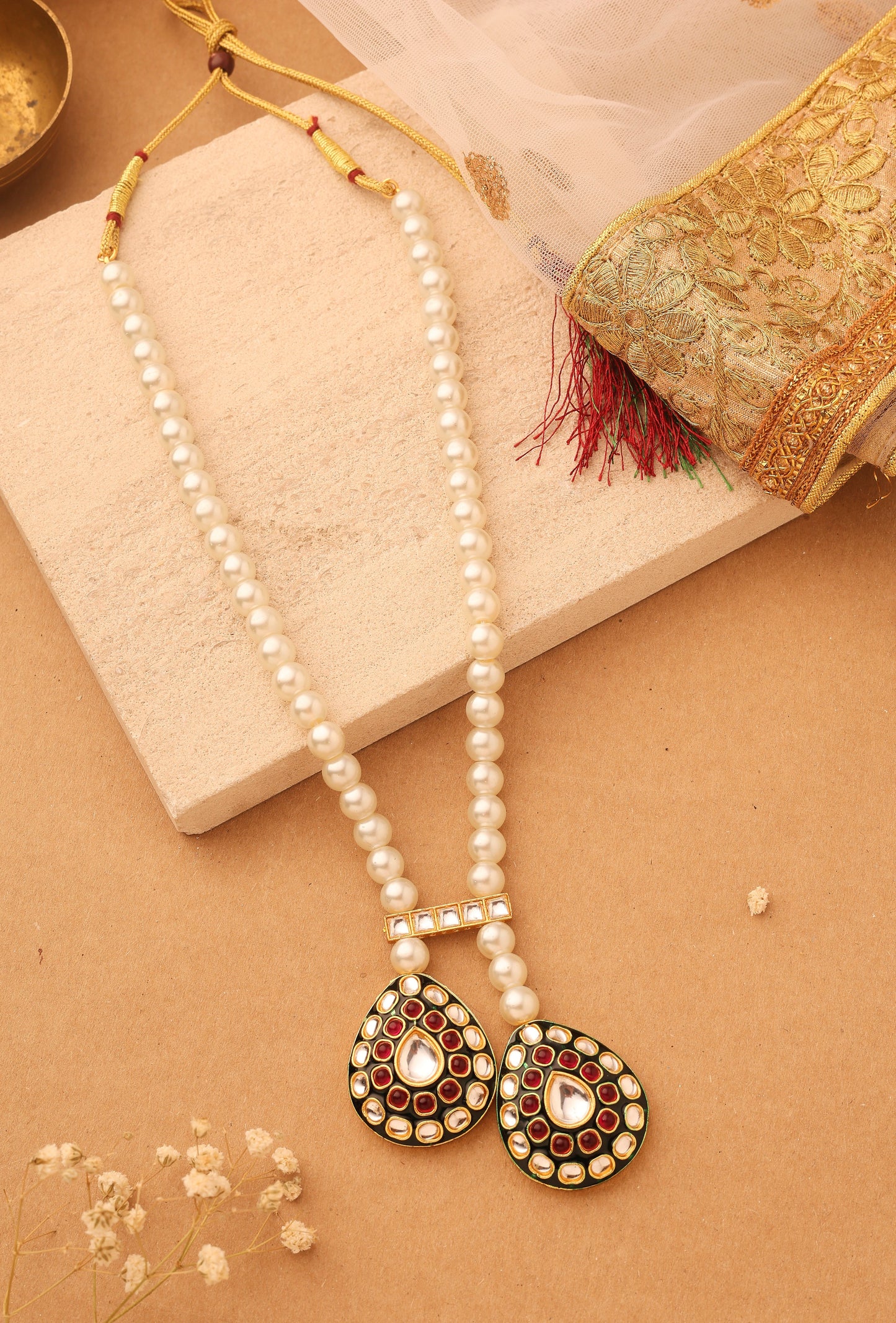 Long Pearl Necklace Set with Kundan Stone Pendant