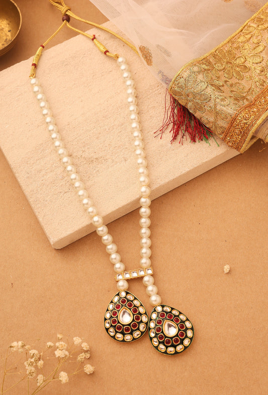 Long Pearl Necklace Set with Kundan Stone Pendant