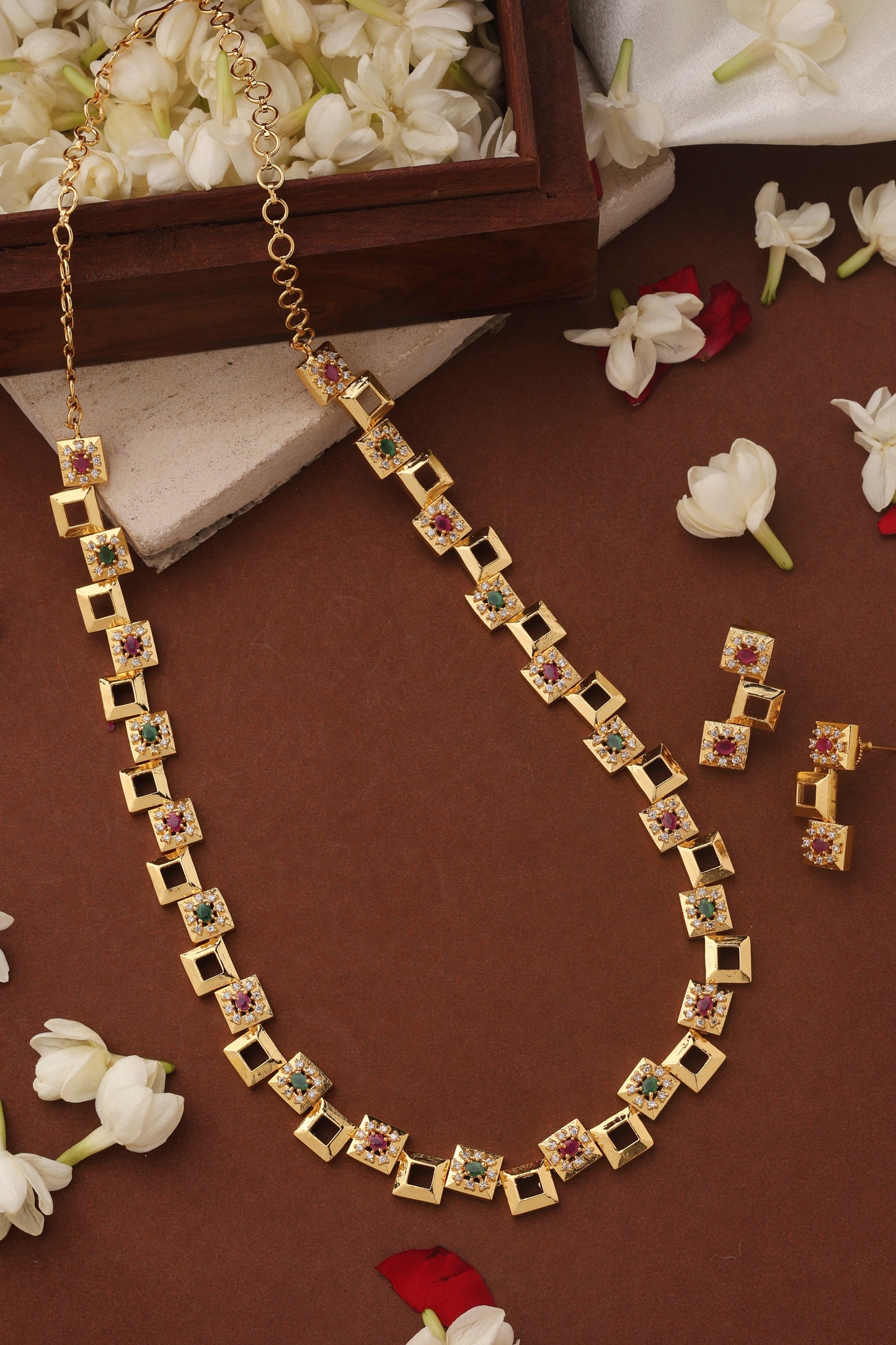 Long Stone Studded Necklace Set with Square Shape