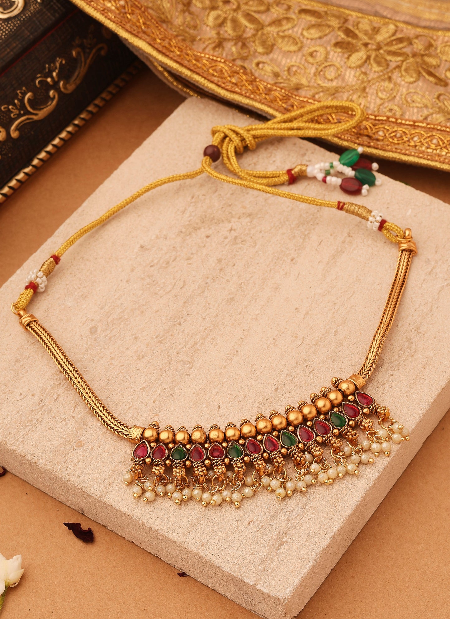 Red and Green Stone Necklace with Golden Jhumkis and Bead Accents