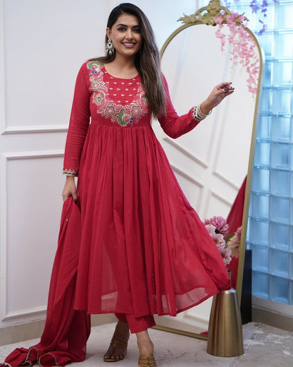 Red Embroidery Sequins Work Cotton Kurta Set with Dupatta