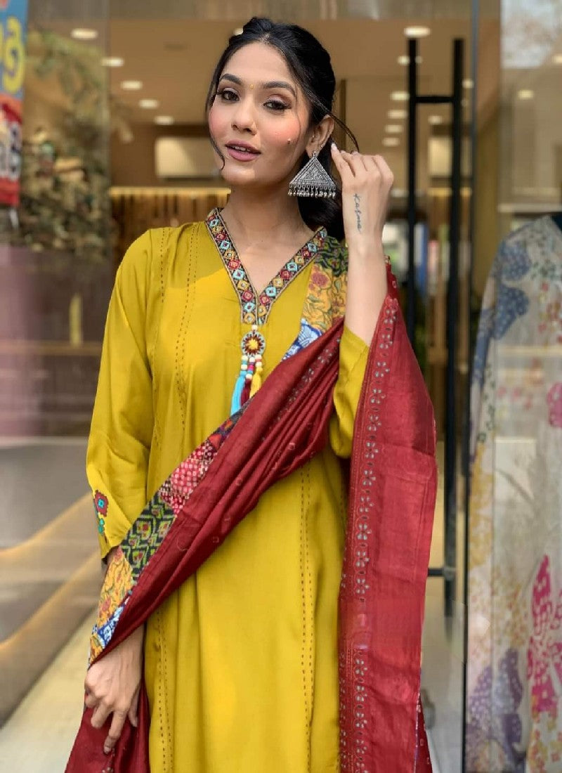 Gorgeous Mustard Chanderi Silk Embroidered Kurta Pant Dupatta Set