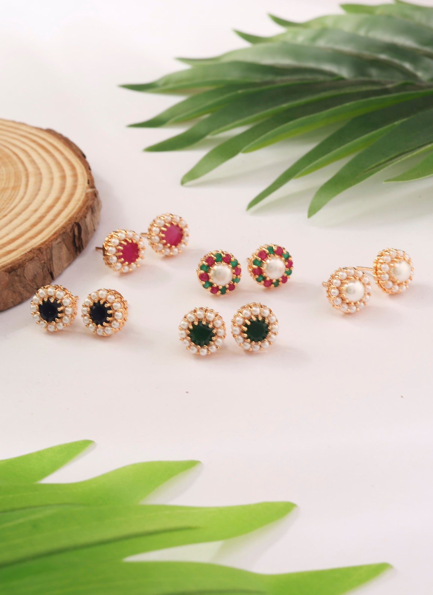 Set of Five Pairs Gold Studs with Pearls and Multicolour Stones