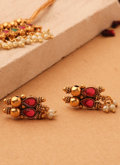 Red and Green Stone Necklace with Golden Jhumkis and Bead Accents