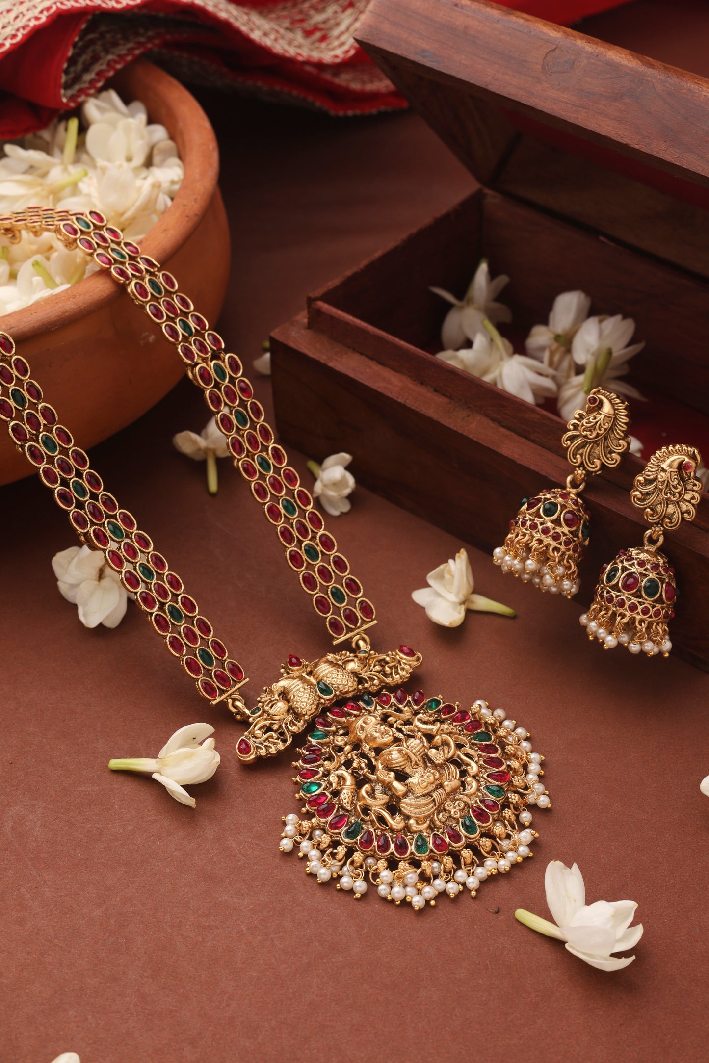 Long Gold Plated Temple Necklace with Laxmi Pendant