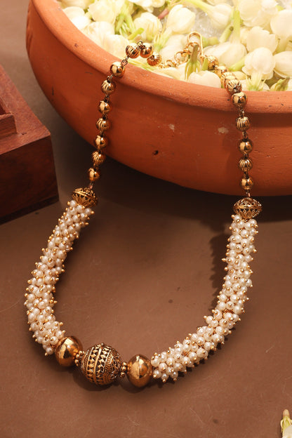 Gold Plated Pearl Necklace with Ball Pendant