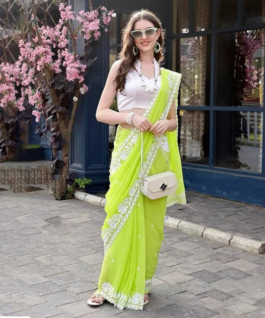 Lime Green Georgette Embroidered Saree