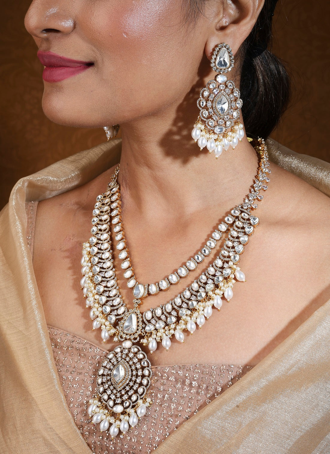 Bridal Necklace Set with Earrings and Maang Tikka in American Diamond Stones