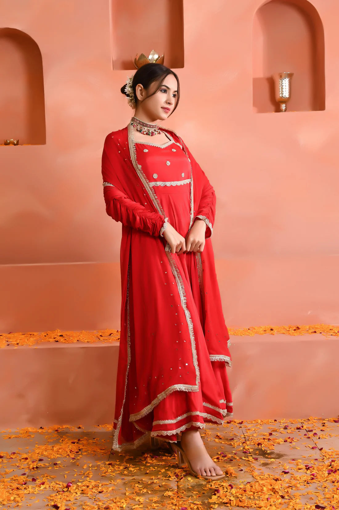 Red Georgette Zardosi and Lacework Anarkali Set