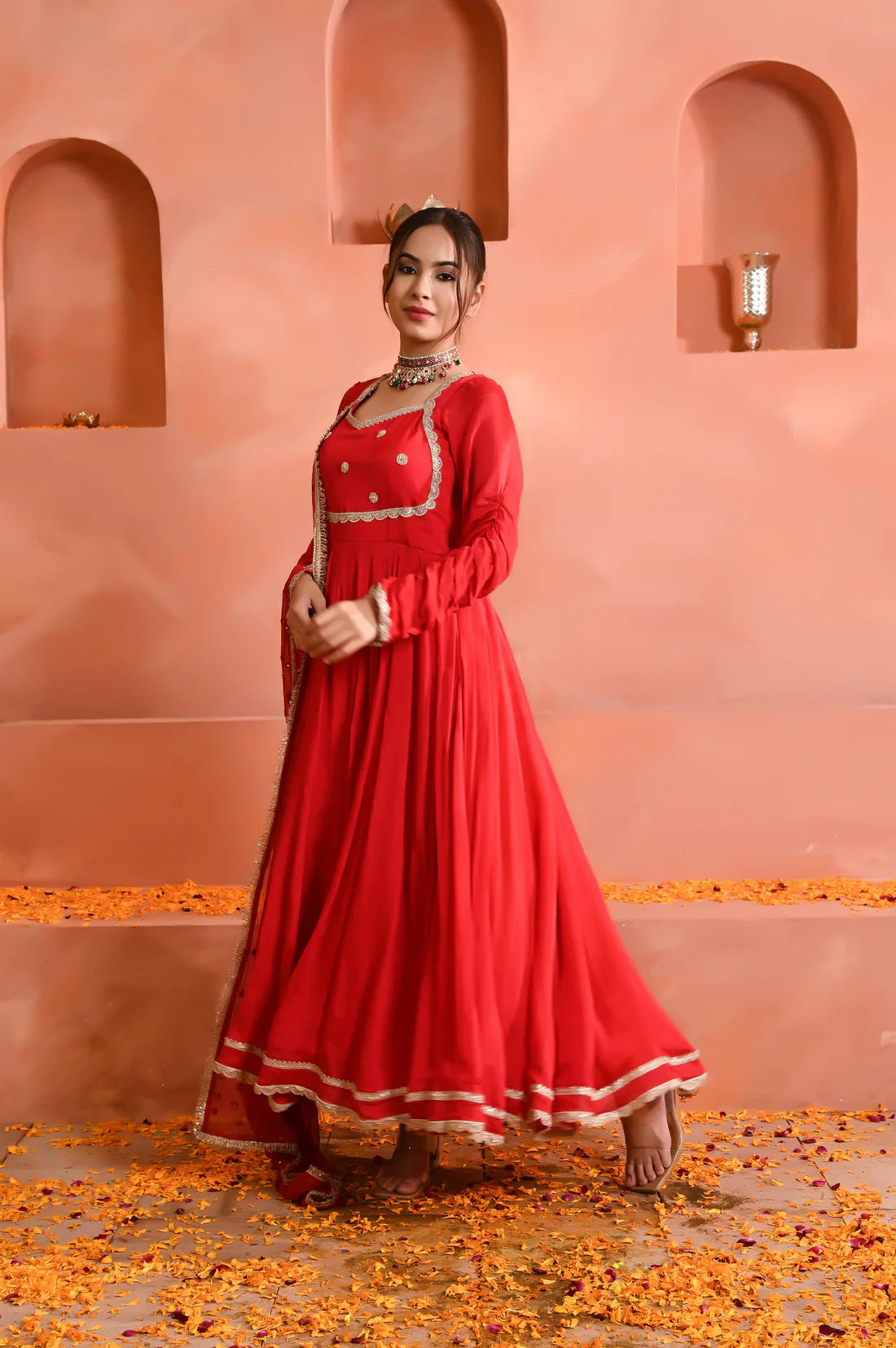 Red Georgette Zardosi and Lacework Anarkali Set