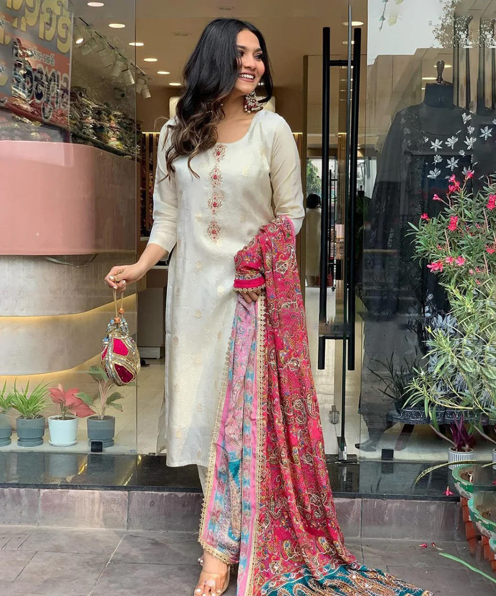 Cream Cotton Embroidered Kurta with Pant with Dupatta