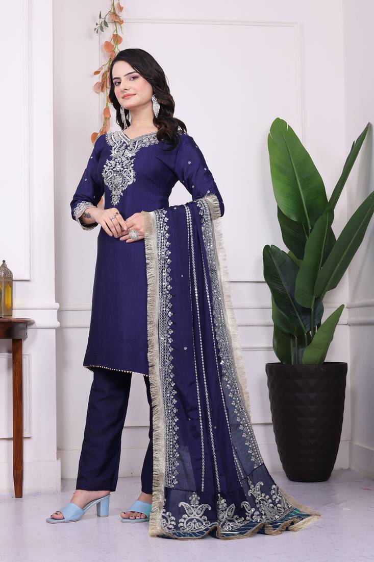 Kurta Set Blue Chinnon Stitched