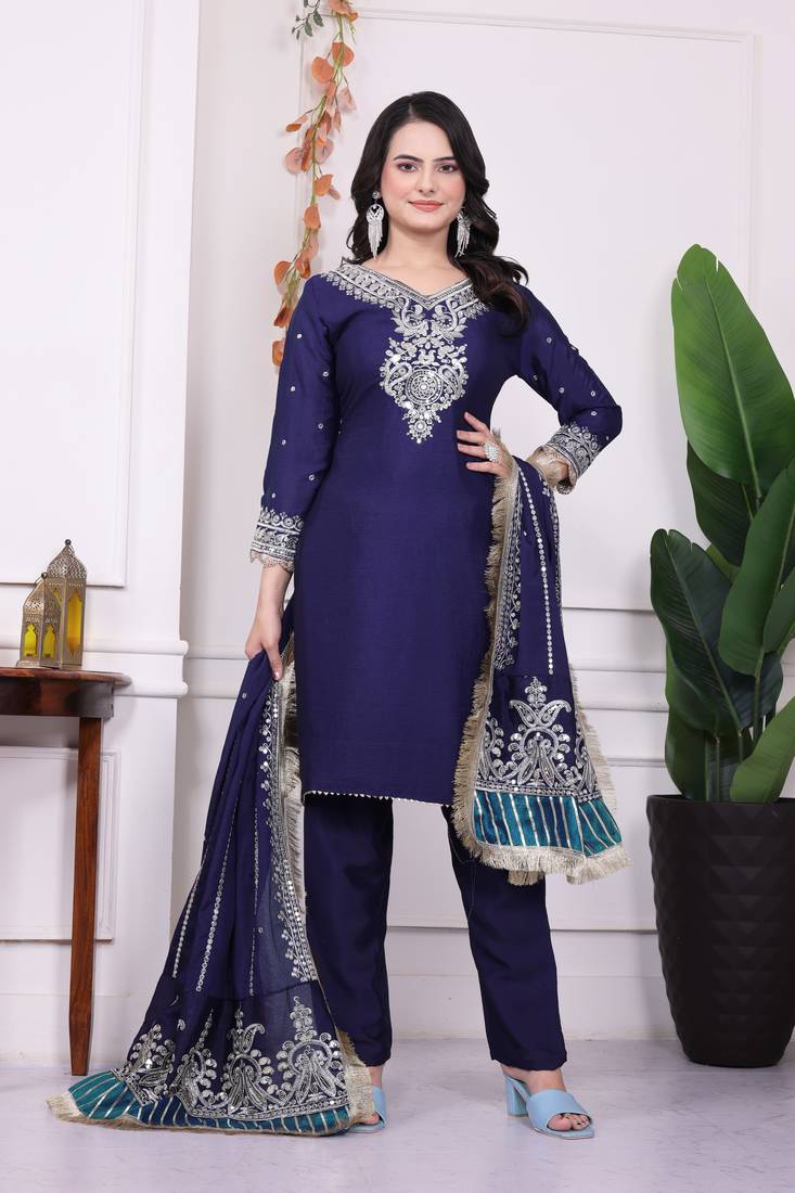 Kurta Set Blue Chinnon Stitched