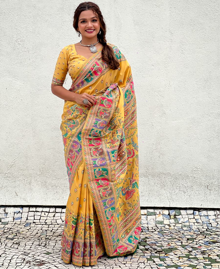 Yellow Pashmina Kashmiri Zari Woven Saree with a Regal Finish